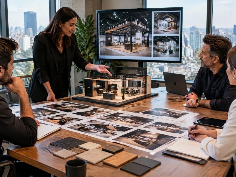 Equipe avaliando empresa de stands em São Paulo