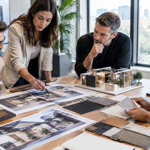Equipe comparando propostas de montagem de stands