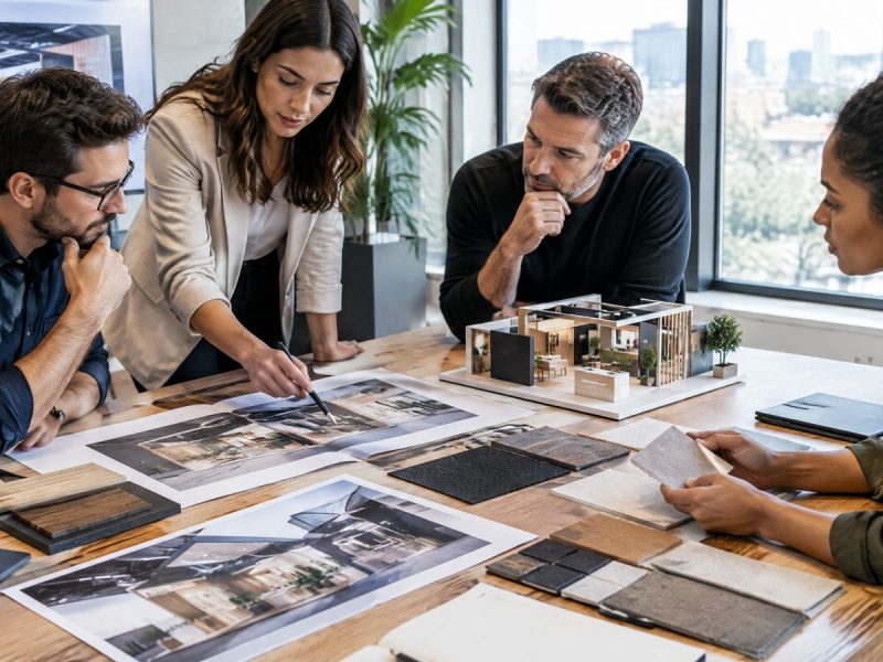 Equipe comparando propostas de montagem de stands