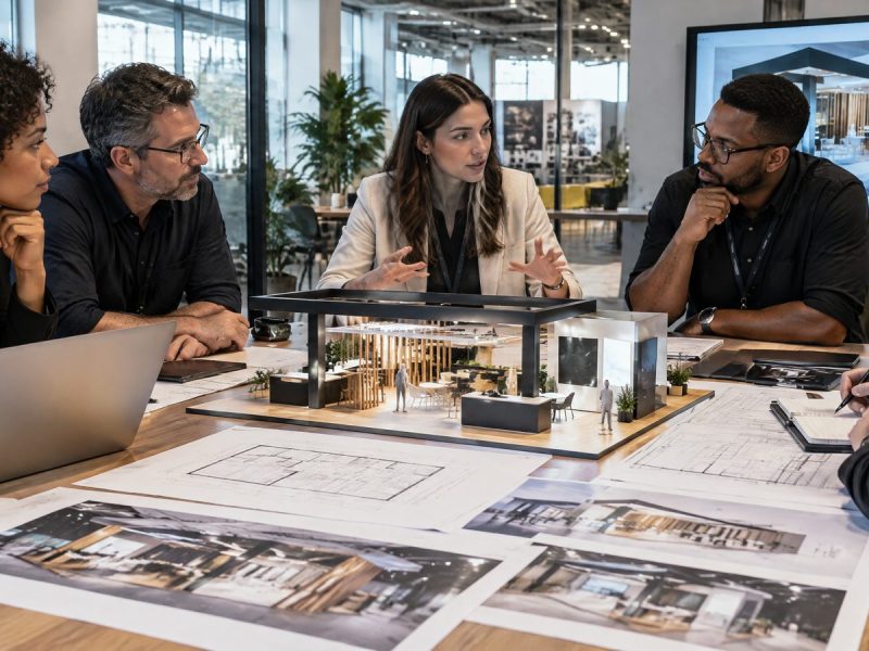 Reunião com montadora de stands para avaliar perguntas e escopo