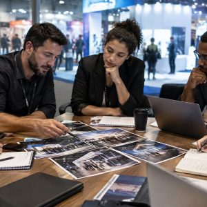 Equipe fazendo avaliação pós-feira em reunião