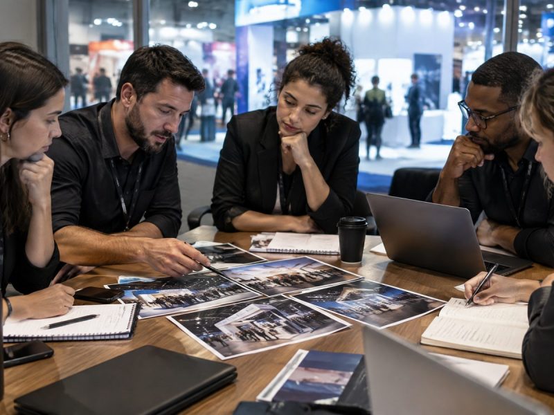 Equipe fazendo avaliação pós-feira em reunião