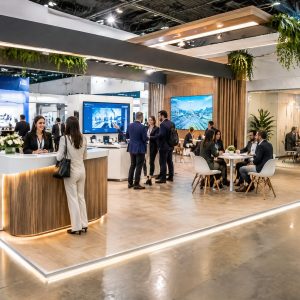 Stand com fluxo organizado de visitantes em uma feira