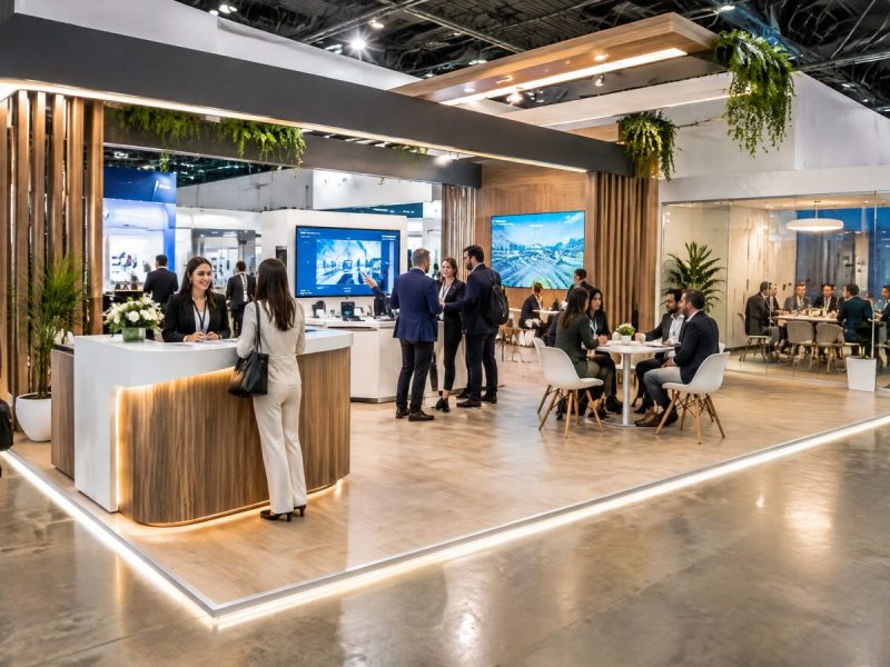 Stand com fluxo organizado de visitantes em uma feira