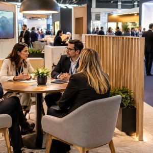 Área de reuniões planejada dentro de um stand