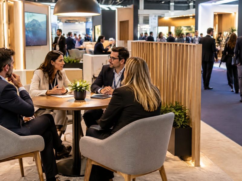 Área de reuniões planejada dentro de um stand