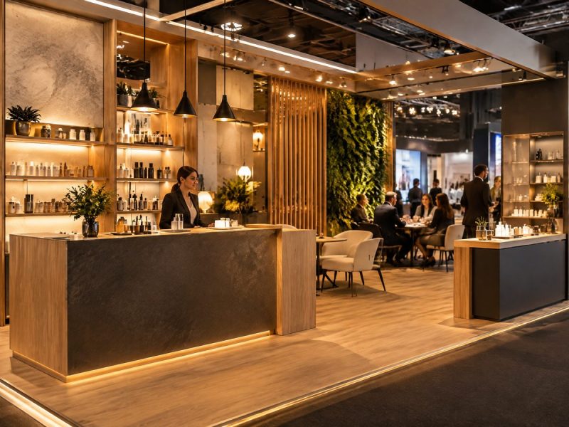 Iluminação valorizando produtos e ambientes em um stand