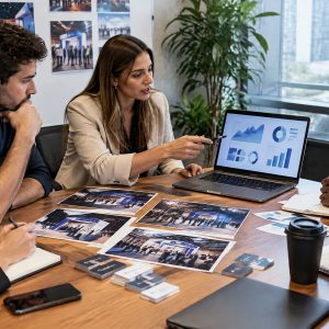 Equipe avaliando resultados de uma participação em feira