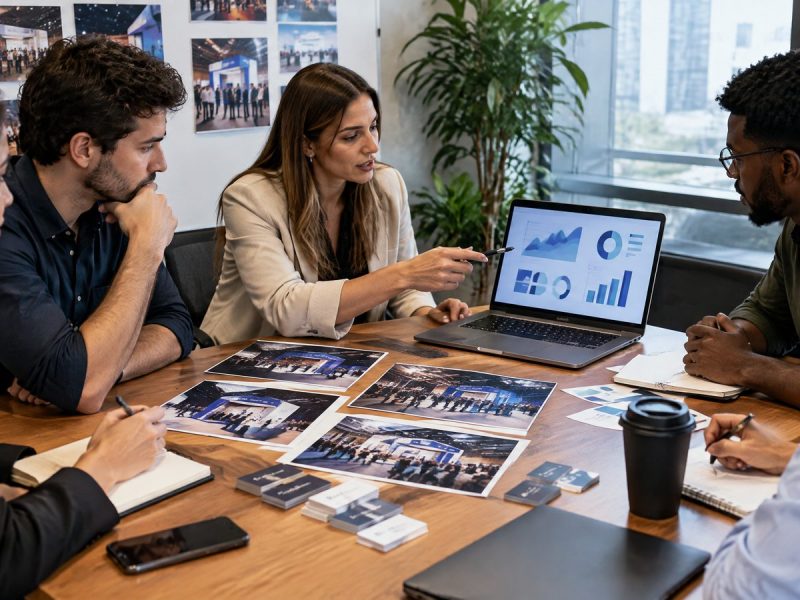 Equipe avaliando resultados de uma participação em feira