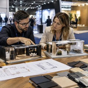 Equipe comparando maquetes de stand construído e stand personalizado