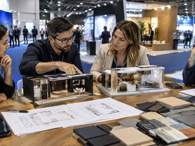 Equipe comparando maquetes de stand construído e stand personalizado