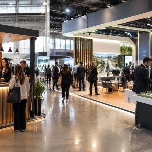 Quiosque compacto e stand maior em uma feira profissional