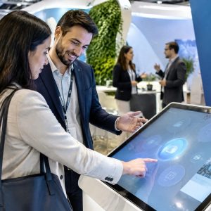 Visitante interagindo com tecnologia em stand de feira