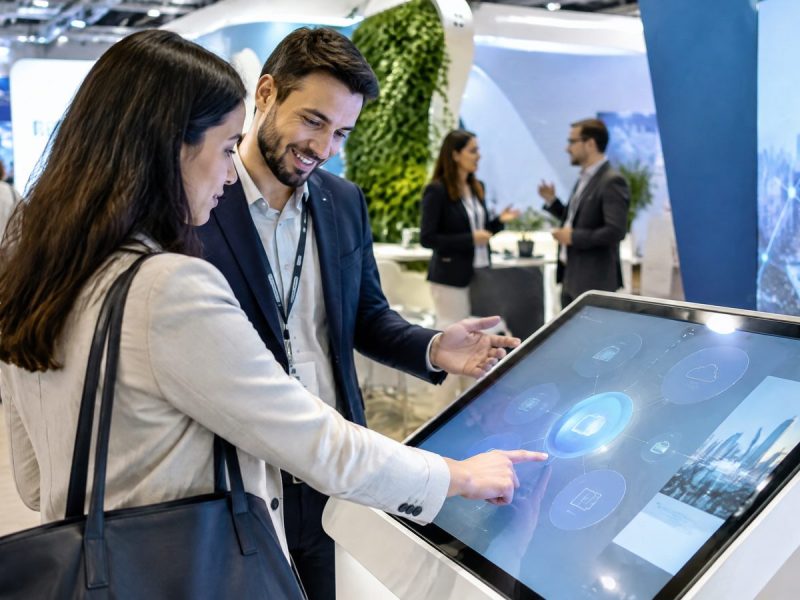 Visitante interagindo com tecnologia em stand de feira