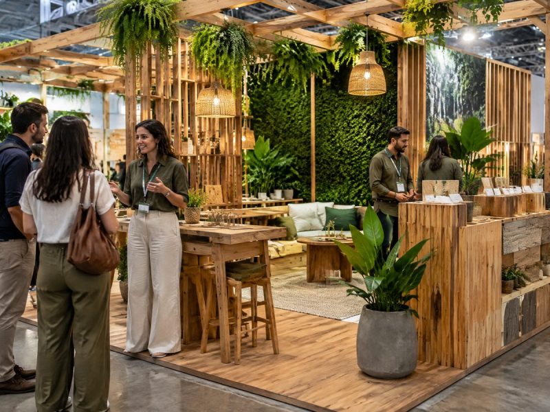 Stand sustentável com materiais reutilizáveis e plantas em feira
