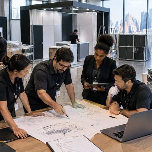 Equipe coordenando produção e logística de stand em São Paulo