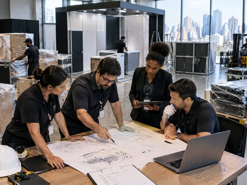 Equipe coordenando produção e logística de stand em São Paulo