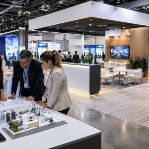 Equipe planejando stand para evento no São Paulo Expo