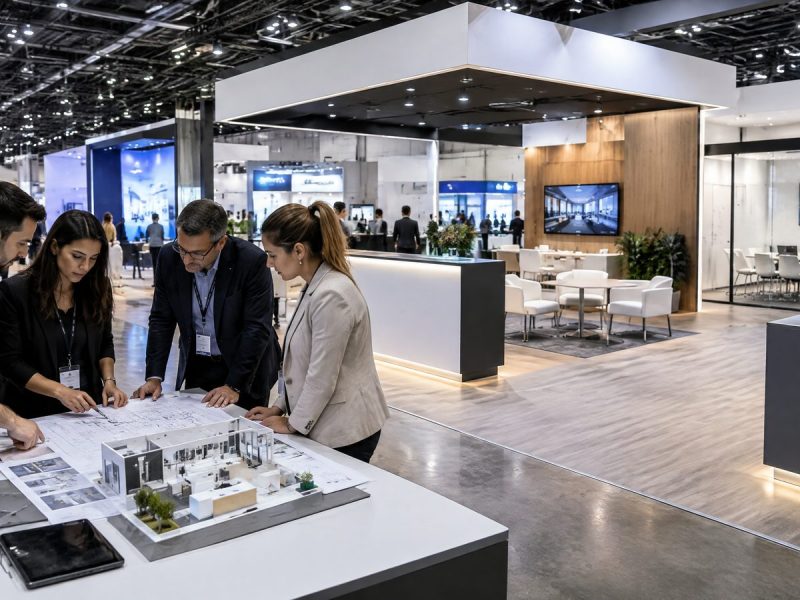 Equipe planejando stand para evento no São Paulo Expo