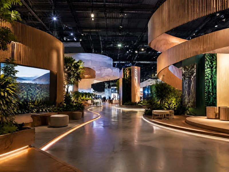 Cenografia para feira com percurso visual e experiência de marca