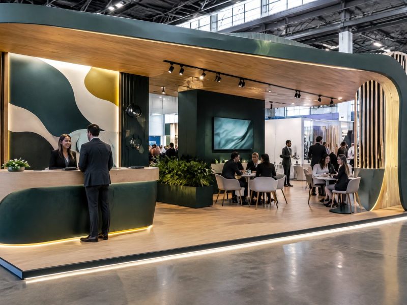 Stand personalizado com recepção, atendimento e circulação organizada