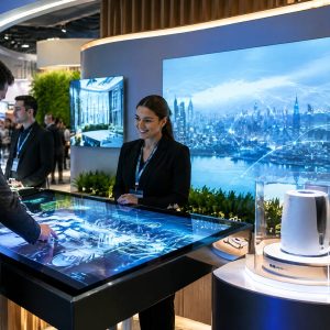 Stand interativo com demonstração digital e atendimento a visitantes