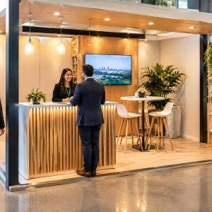 Quiosque compacto para evento com atendimento e circulação livre