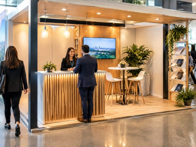 Quiosque compacto para evento com atendimento e circulação livre