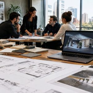 Equipe planejando projeto de stand para feira em São Paulo