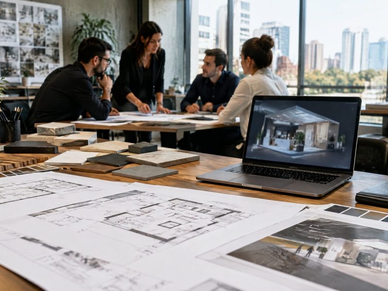 Equipe planejando projeto de stand para feira em São Paulo