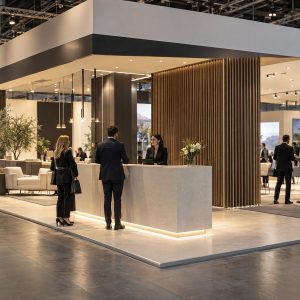 Stand corporativo moderno em feira profissional, com equipe e visitantes em ambiente amplo e iluminação premium