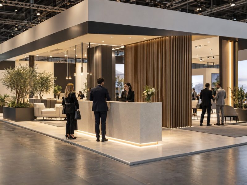 Stand corporativo moderno em feira profissional, com equipe e visitantes em ambiente amplo e iluminação premium