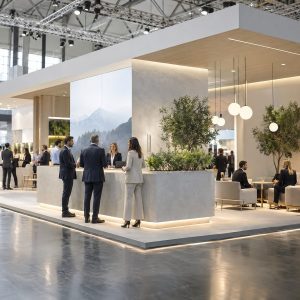 Stand corporativo premium em feira empresarial com áreas de experiência e circulação, sem texto ou logotipos
