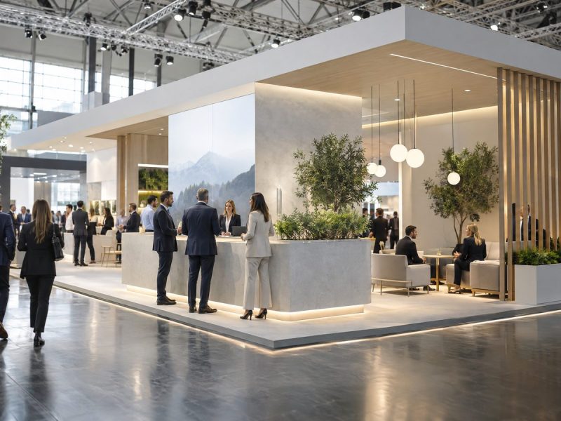 Stand corporativo premium em feira empresarial com áreas de experiência e circulação, sem texto ou logotipos