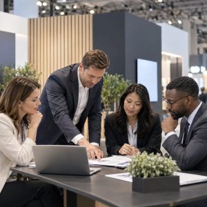 Equipe corporativa alinhando a contratação de um stand em uma feira empresarial