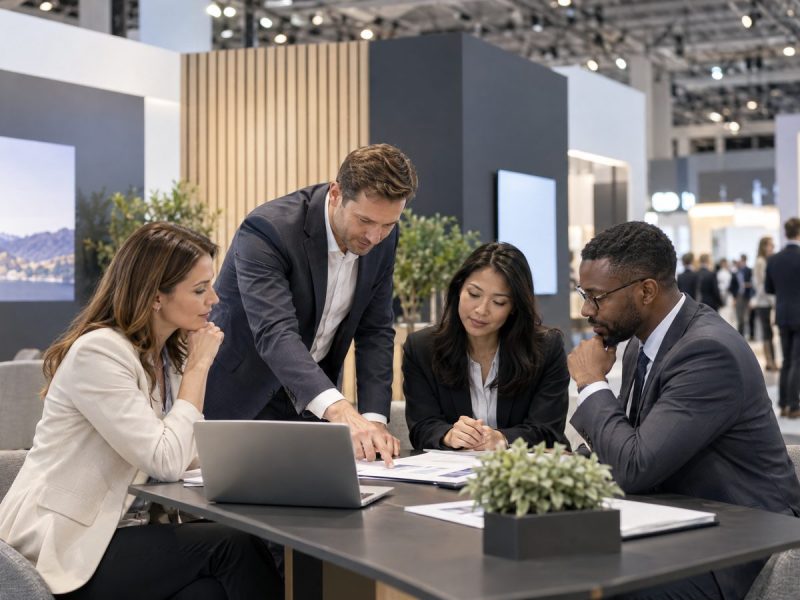 Equipe corporativa alinhando a contratação de um stand em uma feira empresarial
