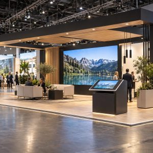 Stand corporativo com telas digitais e totem interativo em feira de negócios