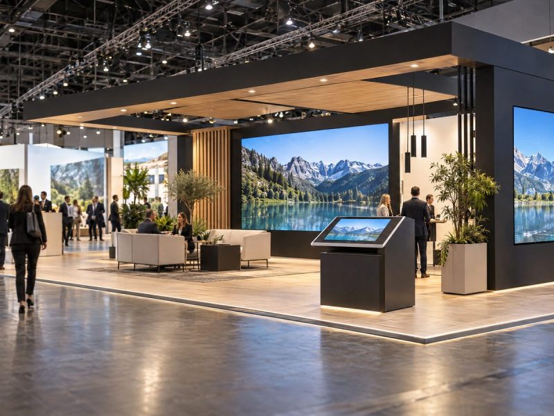 Stand corporativo com telas digitais e totem interativo em feira de negócios