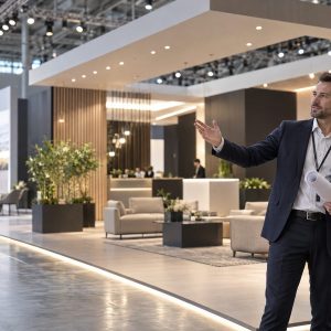Equipe acompanhando a montagem e a vistoria de um stand corporativo em uma feira