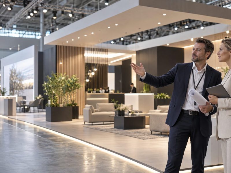 Equipe acompanhando a montagem e a vistoria de um stand corporativo em uma feira