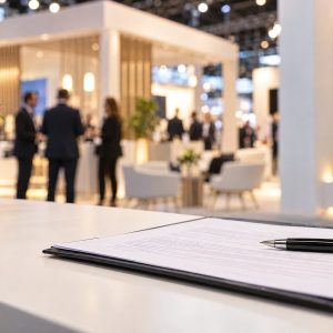 Contrato de montagem de stand sobre mesa em feira corporativa, com espaço de exposição ao fundo