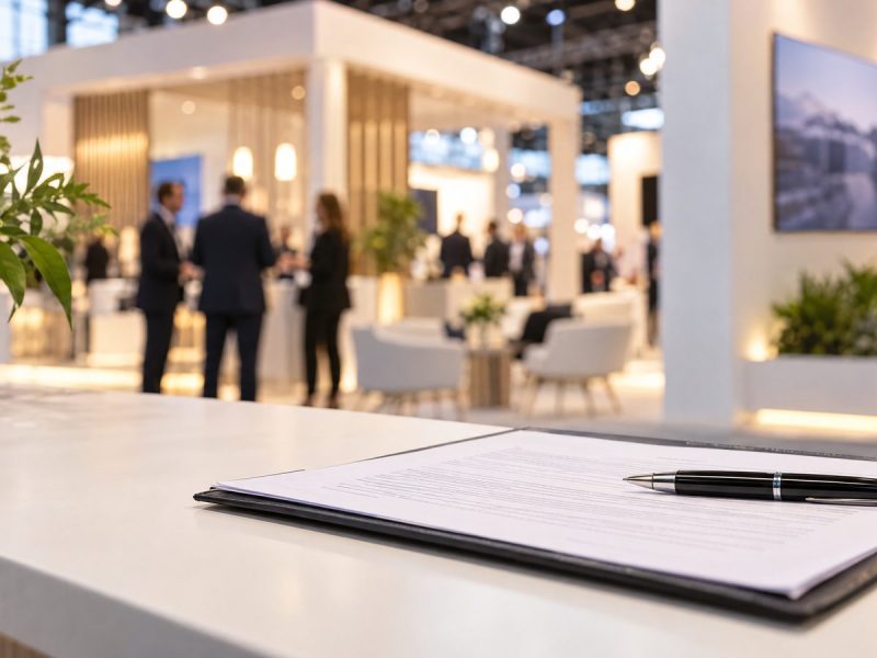 Contrato de montagem de stand sobre mesa em feira corporativa, com espaço de exposição ao fundo