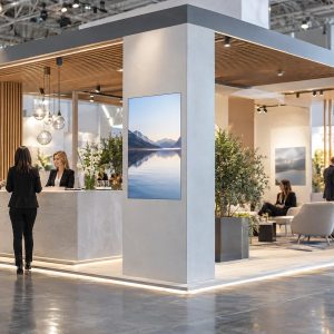 Stand corporativo premium em uma feira empresarial, com área livre para recorte e sem texto ou logotipos