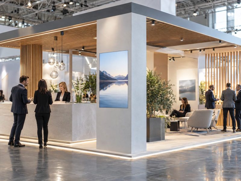 Stand corporativo premium em uma feira empresarial, com área livre para recorte e sem texto ou logotipos