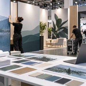 Materiais gráficos organizados para a montagem de um stand em uma feira corporativa
