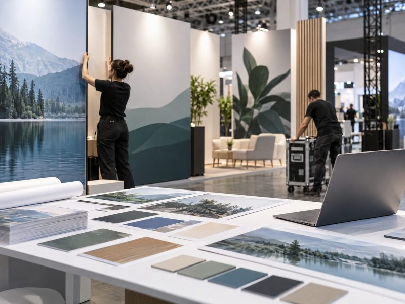 Materiais gráficos organizados para a montagem de um stand em uma feira corporativa
