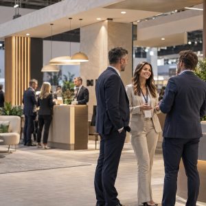 Stand corporativo em feira recebendo potenciais distribuidores e parceiros de canal