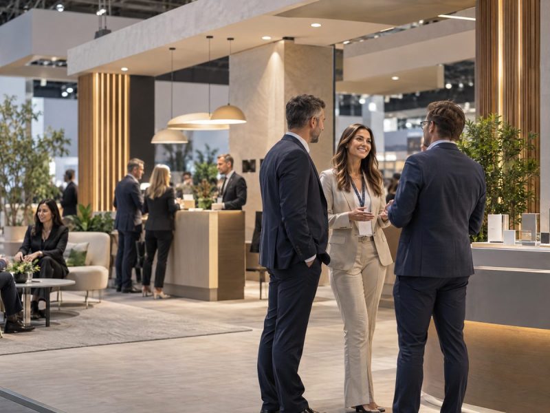 Stand corporativo em feira recebendo potenciais distribuidores e parceiros de canal