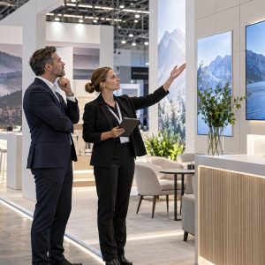 Contratante conferindo acabamento e equipamentos de um stand corporativo antes da abertura de uma feira